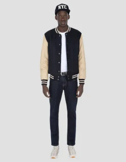 Blouson teddy bleu marine et beige, cuir de vachette - MARINE/BEIGE