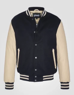 Blouson teddy bleu marine et beige, cuir de vachette - MARINE/BEIGE