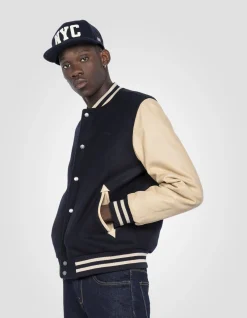 Blouson teddy bleu marine et beige, cuir de vachette - MARINE/BEIGE