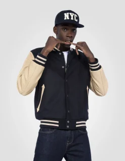 Blouson teddy bleu marine et beige, cuir de vachette - MARINE/BEIGE