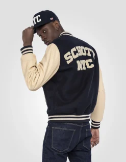 Blouson teddy bleu marine et beige, cuir de vachette - MARINE/BEIGE