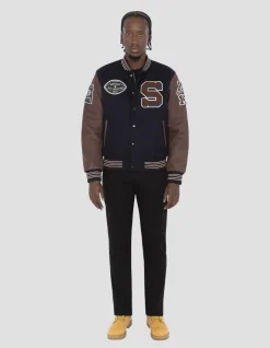 Blouson teddy bleu marine et cordovan, cuir de vachette - MARINE/CORDOVAN