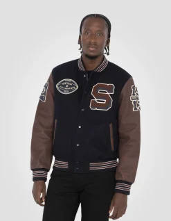 Blouson teddy bleu marine et cordovan, cuir de vachette - MARINE/CORDOVAN
