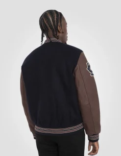 Blouson teddy bleu marine et cordovan, cuir de vachette - MARINE/CORDOVAN