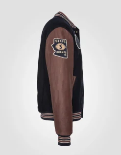 Blouson teddy bleu marine et cordovan, cuir de vachette - MARINE/CORDOVAN