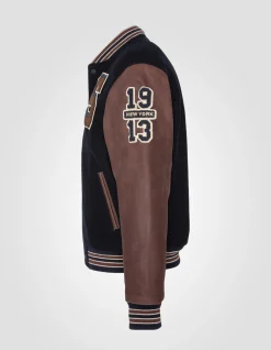 Blouson teddy bleu marine et cordovan, cuir de vachette - MARINE/CORDOVAN
