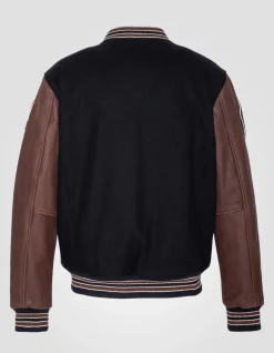 Blouson teddy bleu marine et cordovan, cuir de vachette - MARINE/CORDOVAN