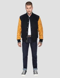 Blouson teddy bleu marine et cognac, cuir de vachette - MARINE/COGNAC