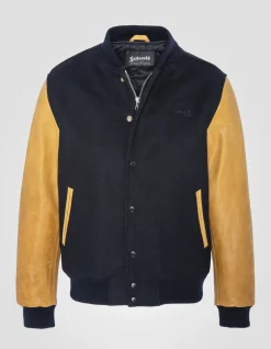 Blouson teddy bleu marine et cognac, cuir de vachette - MARINE/COGNAC