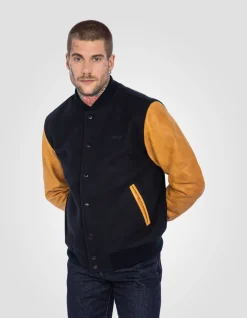 Blouson teddy bleu marine et cognac, cuir de vachette - MARINE/COGNAC