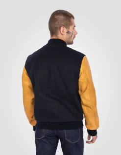 Blouson teddy bleu marine et cognac, cuir de vachette - MARINE/COGNAC