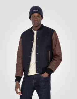 Blouson teddy bleu marine et marron, cuir de vachette - MARINE/MARRON