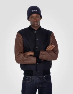 Blouson teddy bleu marine et marron, cuir de vachette - MARINE/MARRON