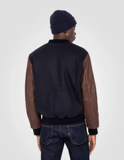Blouson teddy bleu marine et marron, cuir de vachette - MARINE/MARRON