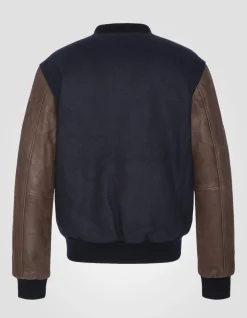 Blouson teddy bleu marine et marron, cuir de vachette - MARINE/MARRON