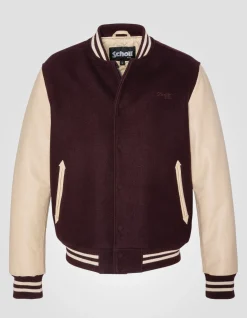 Blouson teddy bordeaux, cuir de vachette, grande taille - BORDEAUX/BEIGE