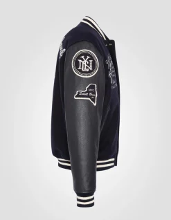 Blouson teddy brodé bleu marine, cuir de vachette - MARINE