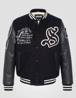 Blouson teddy brodé bleu marine, cuir de vachette - MARINE