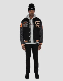 Blouson teddy brodé noir, cuir de vachette - NOIR