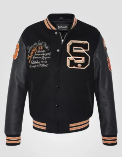 Blouson teddy brodé noir, cuir de vachette - NOIR