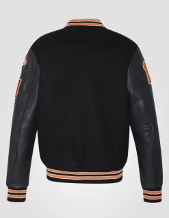 Blouson teddy brodé noir, cuir de vachette - NOIR