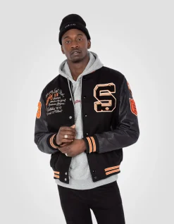 Blouson teddy brodé noir, cuir de vachette - NOIR