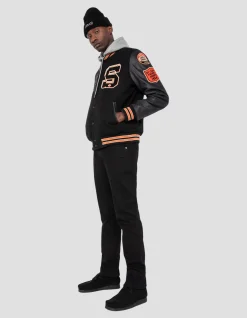 Blouson teddy brodé noir, cuir de vachette - NOIR