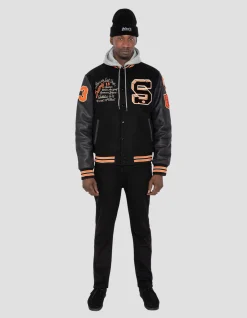 Blouson teddy brodé noir, cuir de vachette - NOIR