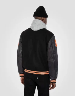 Blouson teddy brodé noir, cuir de vachette - NOIR