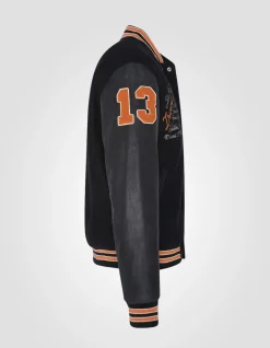 Blouson teddy brodé noir, cuir de vachette - NOIR