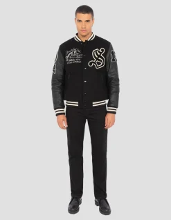 Blouson teddy brodé noir, cuir de vachette - NOIR