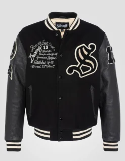 Blouson teddy brodé noir, cuir de vachette - NOIR