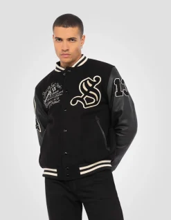 Blouson teddy brodé noir, cuir de vachette - NOIR