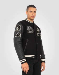 Blouson teddy brodé noir, cuir de vachette - NOIR