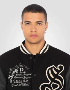 Blouson teddy brodé noir, cuir de vachette - NOIR