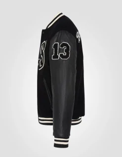 Blouson teddy brodé noir, cuir de vachette - NOIR
