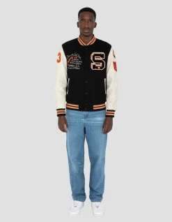 Blouson teddy brodé noir et beige, cuir de vachette - NOIR/BEIGE