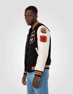 Blouson teddy brodé noir et beige, cuir de vachette - NOIR/BEIGE