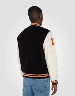 Blouson teddy brodé noir et beige, cuir de vachette - NOIR/BEIGE
