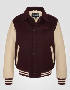Blouson teddy à col bordeaux et beige, cuir de vachette - BORDEAUX/BEIGE