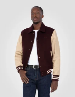 Blouson teddy à col bordeaux et beige, cuir de vachette - BORDEAUX/BEIGE