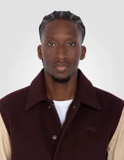 Blouson teddy à col bordeaux et beige, cuir de vachette - BORDEAUX/BEIGE