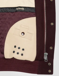 Blouson teddy à col bordeaux et beige, cuir de vachette - BORDEAUX/BEIGE