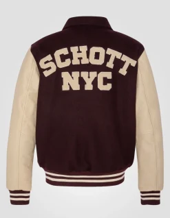 Blouson teddy à col bordeaux et beige, cuir de vachette - BORDEAUX/BEIGE
