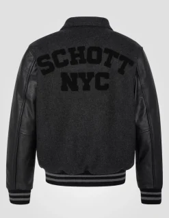 Blouson teddy à col gris et noir, cuir de vachette - GRIS/NOIR