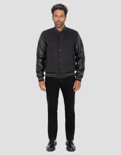 Blouson teddy gris et noir, cuir de vachette - GRIS/NOIR