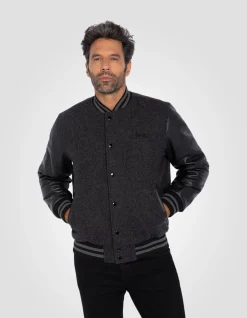 Blouson teddy gris et noir, cuir de vachette - GRIS/NOIR