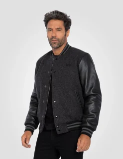 Blouson teddy gris et noir, cuir de vachette - GRIS/NOIR