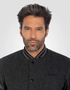 Blouson teddy gris et noir, cuir de vachette - GRIS/NOIR