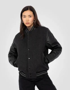 Blouson teddy gris et noir, cuir de vachette - GRIS/NOIR